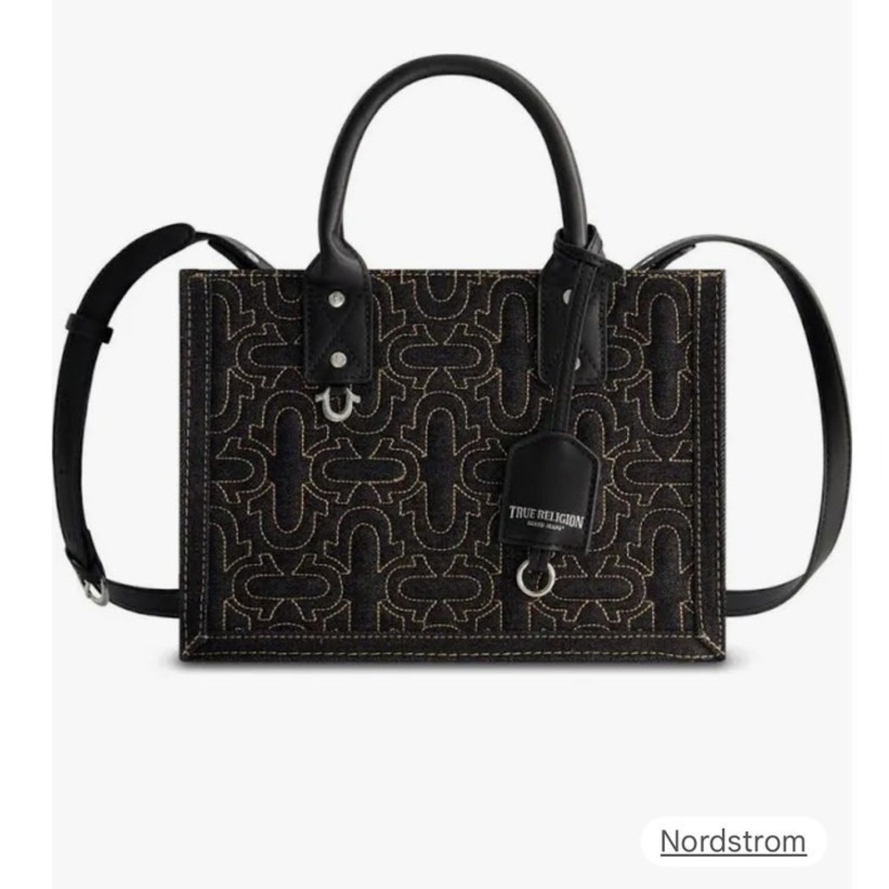 True Religion Quilted Horseshoe Modern Tote Black Denim NEW w Tag Top Handle